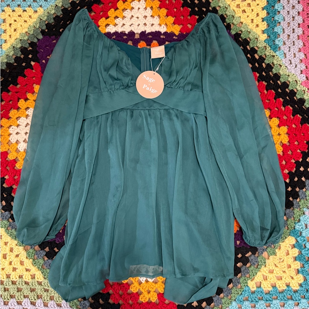Sage & Paige Teal Midi Dress with Long Puff Sleeves